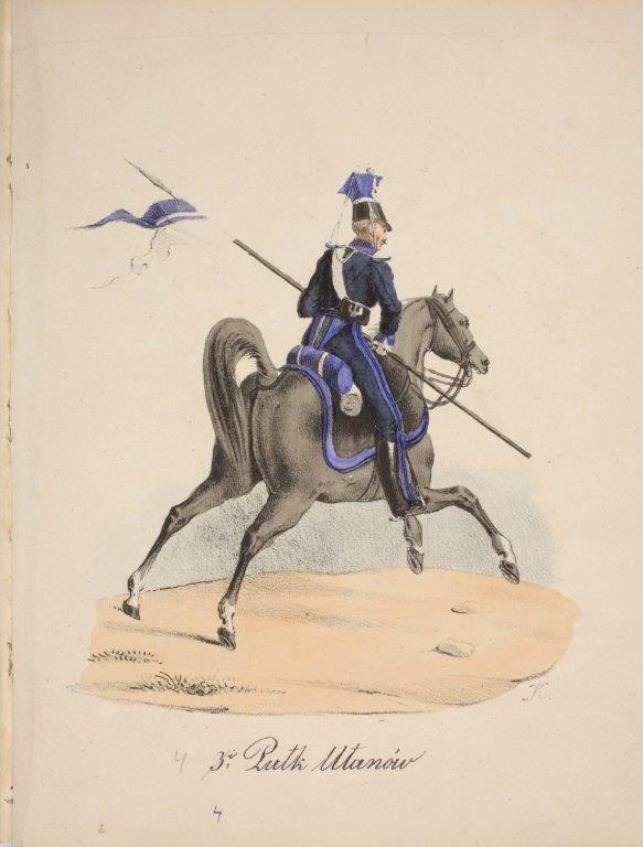 Ułan 3 Pułku, rysunek przedstawia mężczyźnę na koniu w galopie