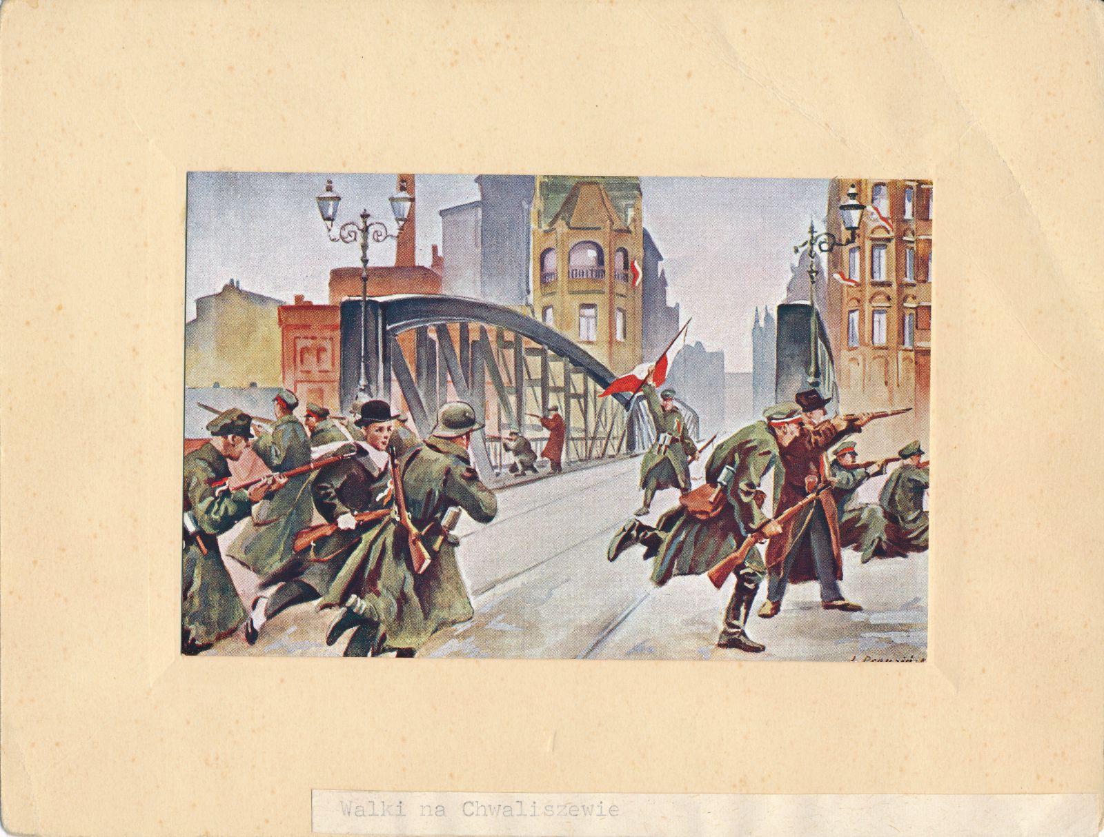 pocztówka przedstwia walczących żołnierzy polskich na moście. w tle kamienice 